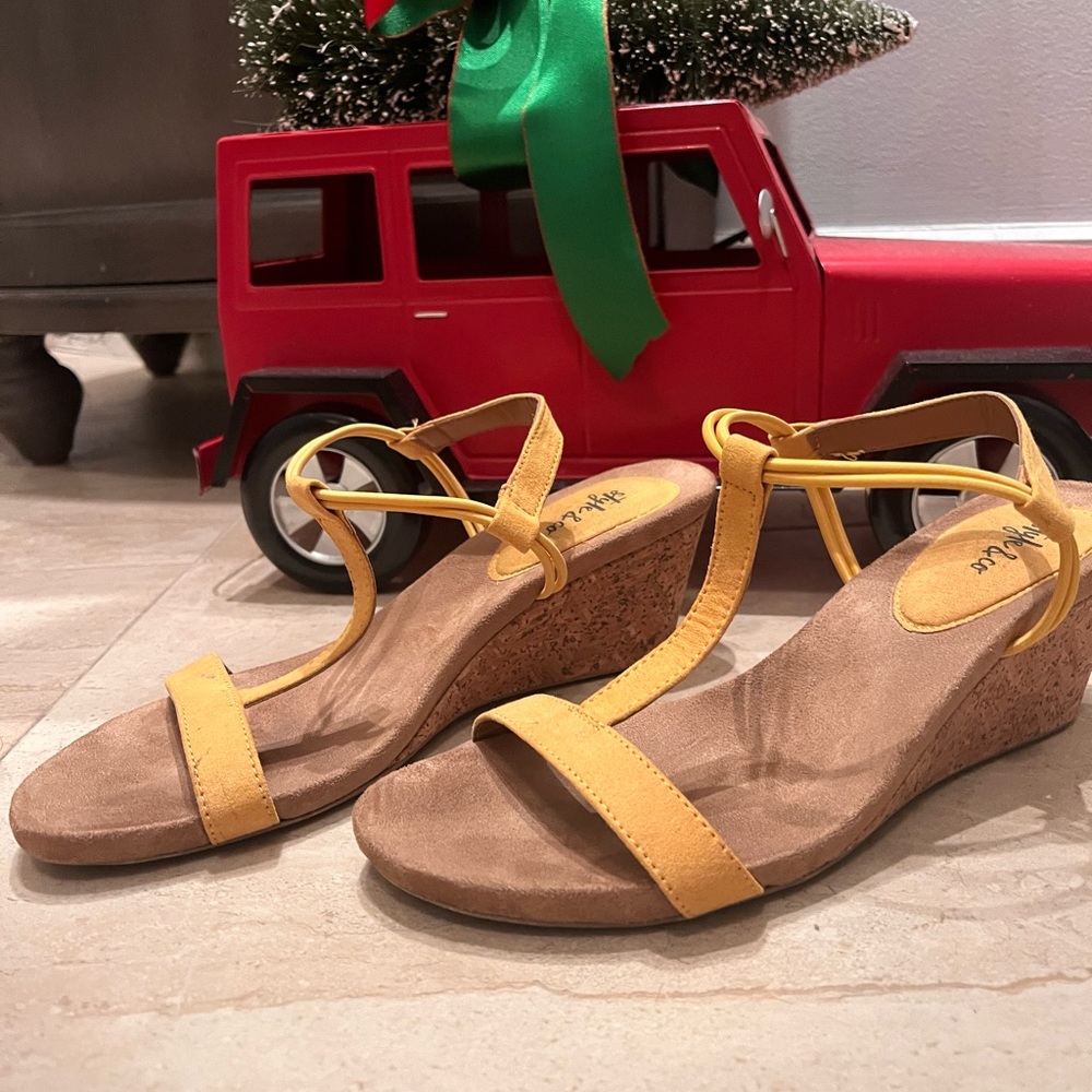 Yellow cork heels, filled heel, size 7.5 women’s